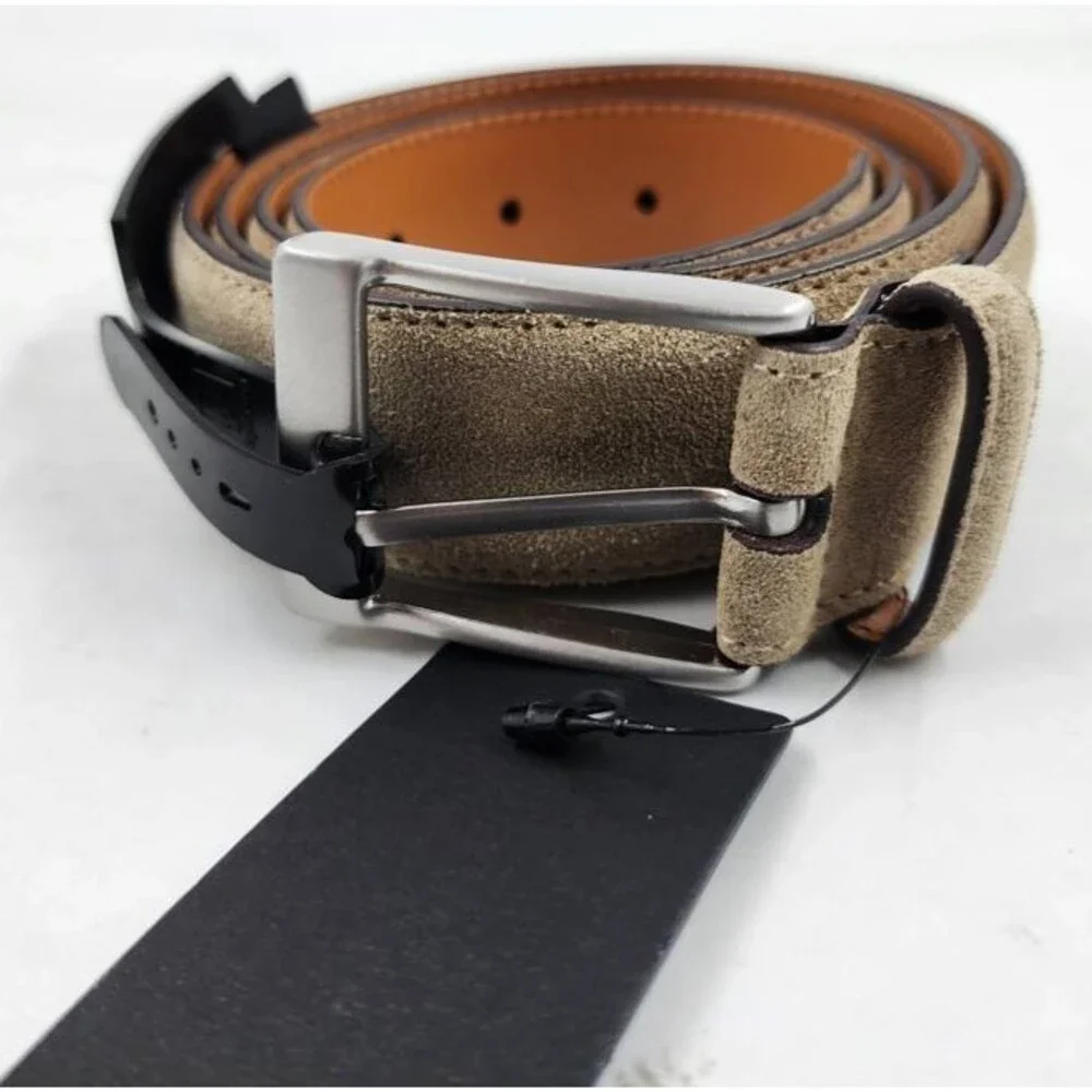 Magnanni Telante Suede & Leather Belt Men's 44 Taupe Nickel-Tone Square Buckle